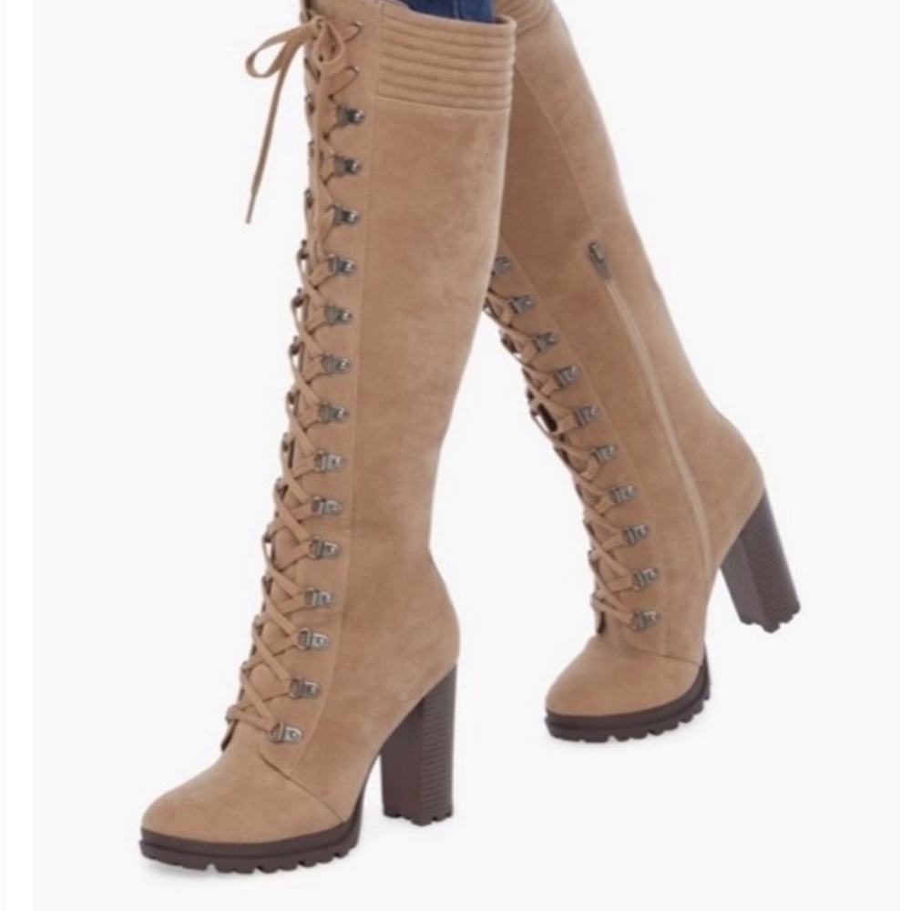 Eliza lace up heeled boot / 6.5 /taupe/ zipper